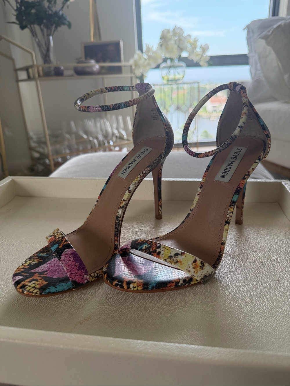 Steve Madden Multicolor Snake-Print Ankle-Strap Stiletto Heels